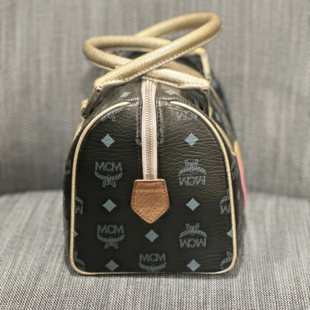 MCM Lion Visetos Boston Satchel Black Gold Leather Bag - Picture 4 of 16